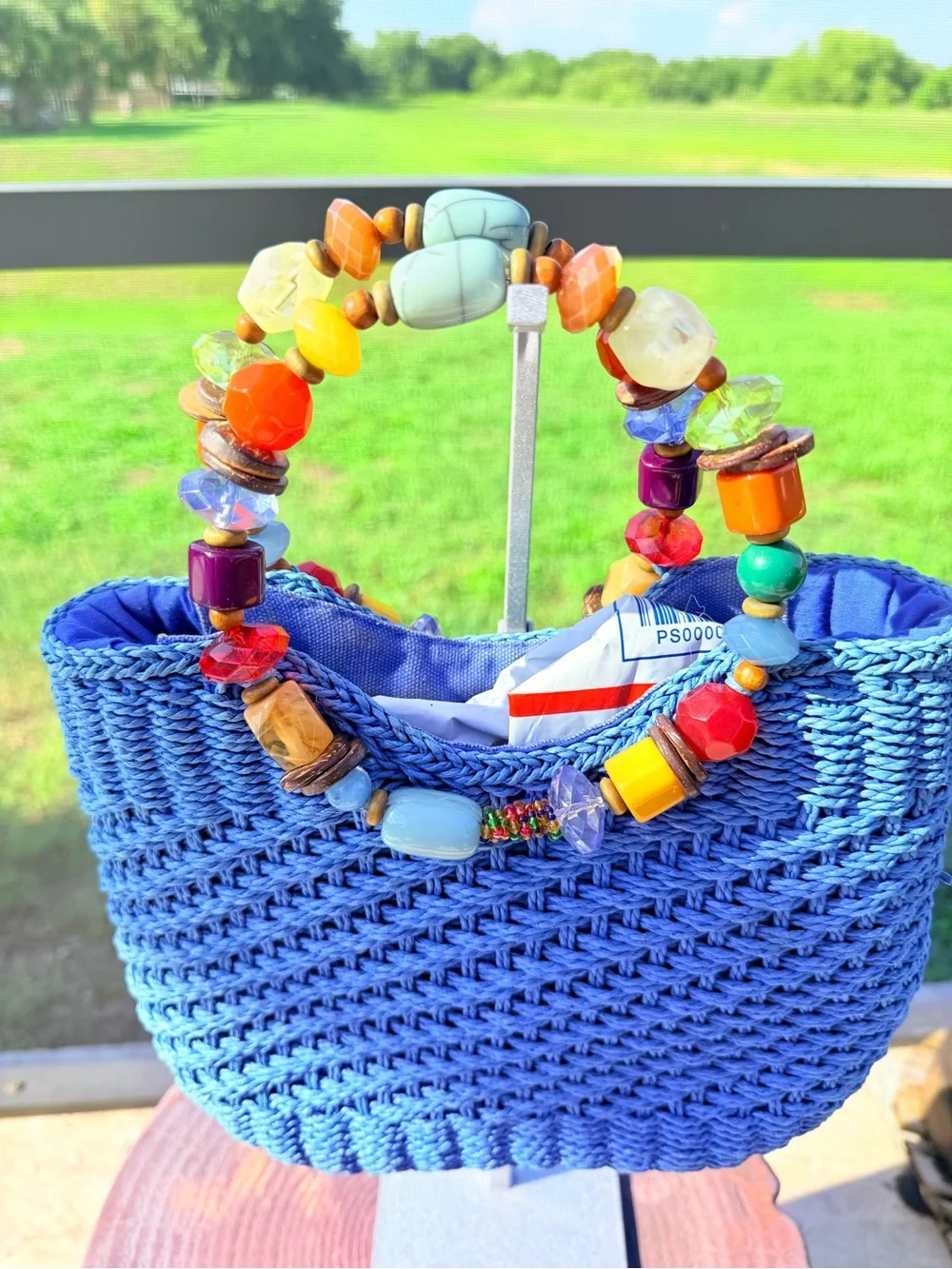 Cappelli Straworld Blue Woven Straw Tote Beaded Handle Summer Beach Bag EUC